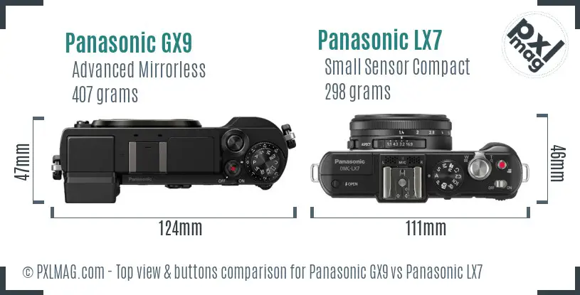 Panasonic GX9 vs Panasonic LX7 top view buttons comparison