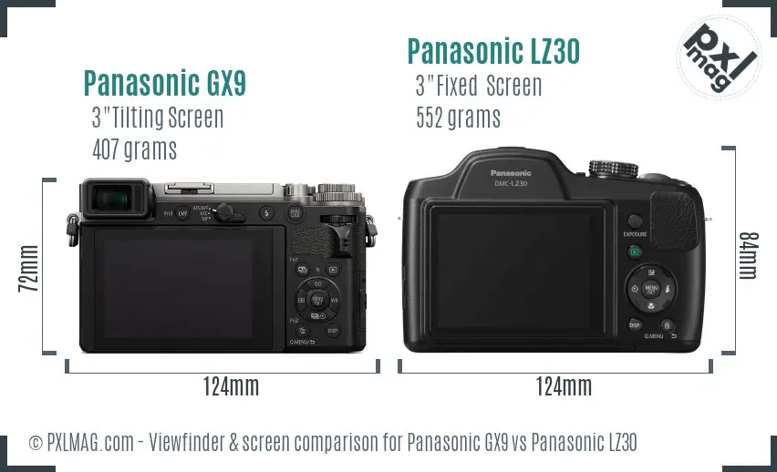 Panasonic GX9 vs Panasonic LZ30 Screen and Viewfinder comparison