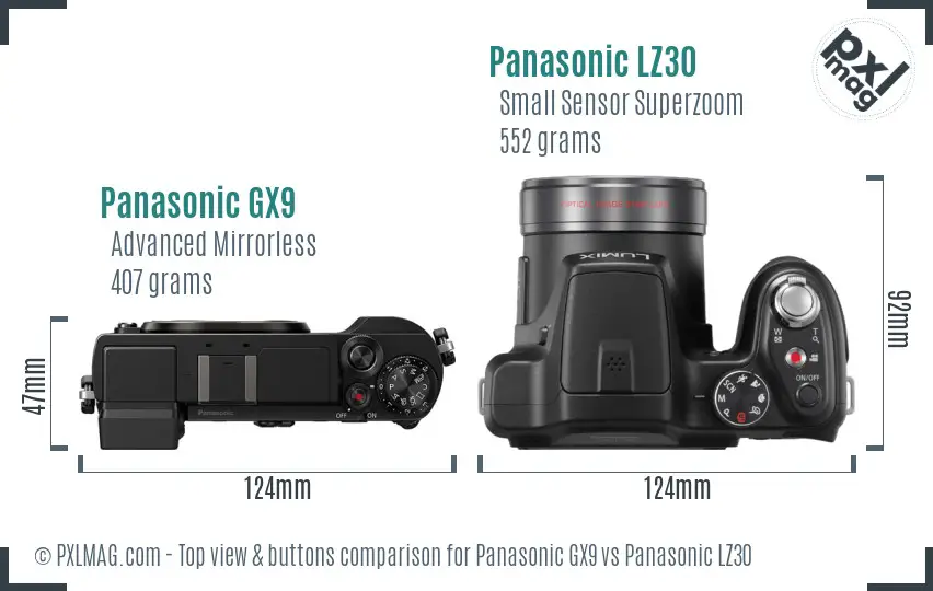 Panasonic GX9 vs Panasonic LZ30 top view buttons comparison