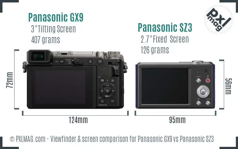 Panasonic GX9 vs Panasonic SZ3 Screen and Viewfinder comparison