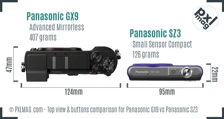Panasonic GX9 vs Panasonic SZ3 top view buttons comparison