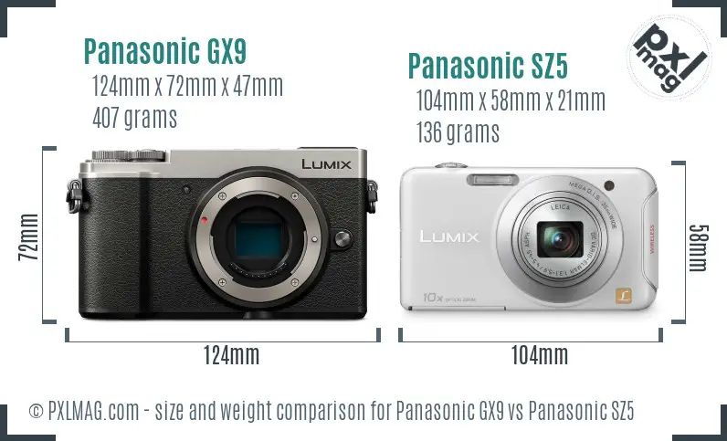 Panasonic GX9 vs Panasonic SZ5 size comparison