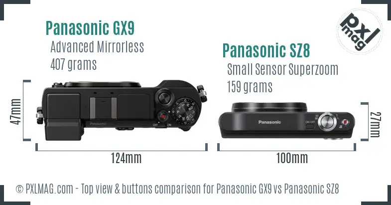 Panasonic GX9 vs Panasonic SZ8 top view buttons comparison Panasonic GX9 vs Panasonic SZ8 top view buttons comparison