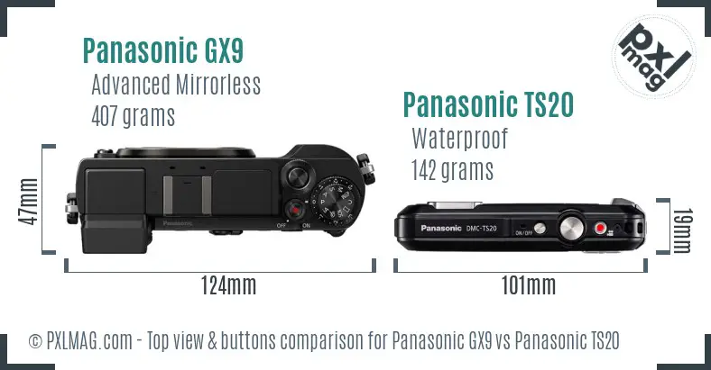 Panasonic GX9 vs Panasonic TS20 top view buttons comparison