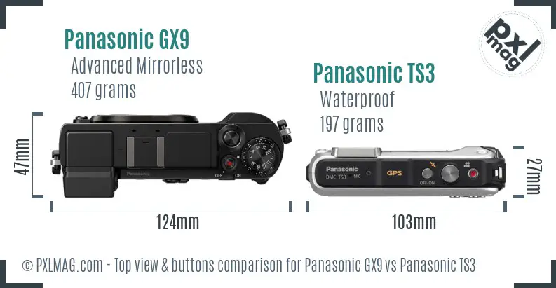 Panasonic GX9 vs Panasonic TS3 top view buttons comparison