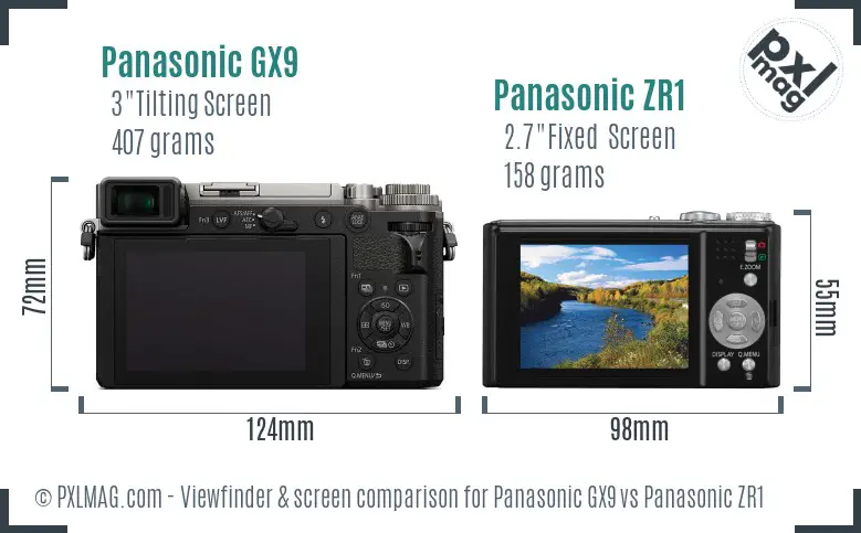 Panasonic GX9 vs Panasonic ZR1 Screen and Viewfinder comparison