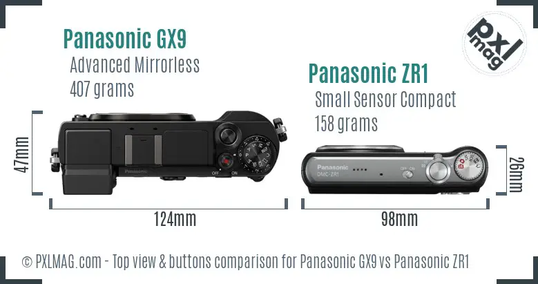Panasonic GX9 vs Panasonic ZR1 top view buttons comparison