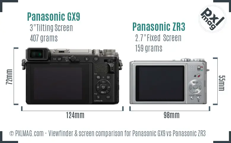 Panasonic GX9 vs Panasonic ZR3 Screen and Viewfinder comparison