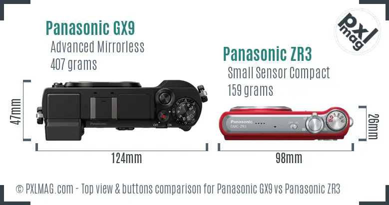 Panasonic GX9 vs Panasonic ZR3 top view buttons comparison