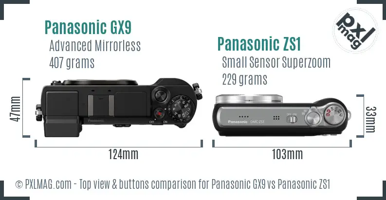 Panasonic GX9 vs Panasonic ZS1 top view buttons comparison