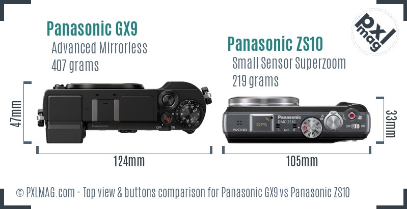 Panasonic GX9 vs Panasonic ZS10 top view buttons comparison