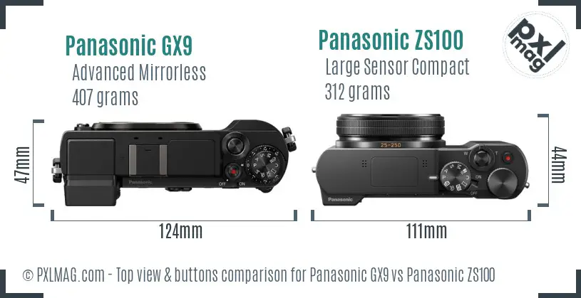 Panasonic GX9 vs Panasonic ZS100 top view buttons comparison