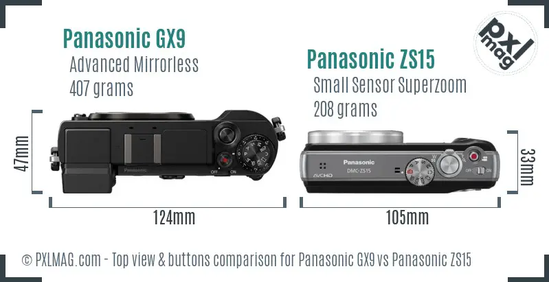 Panasonic GX9 vs Panasonic ZS15 top view buttons comparison
