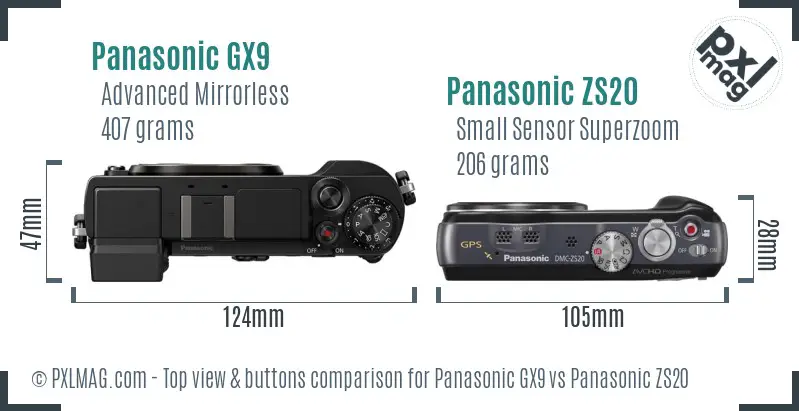 Panasonic GX9 vs Panasonic ZS20 top view buttons comparison