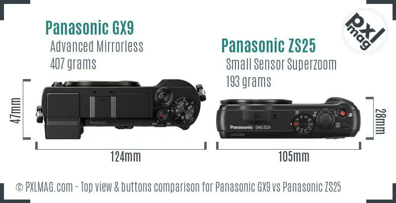 Panasonic GX9 vs Panasonic ZS25 top view buttons comparison