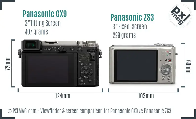Panasonic GX9 vs Panasonic ZS3 Screen and Viewfinder comparison