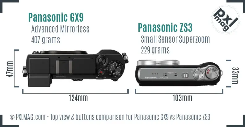 Panasonic GX9 vs Panasonic ZS3 top view buttons comparison
