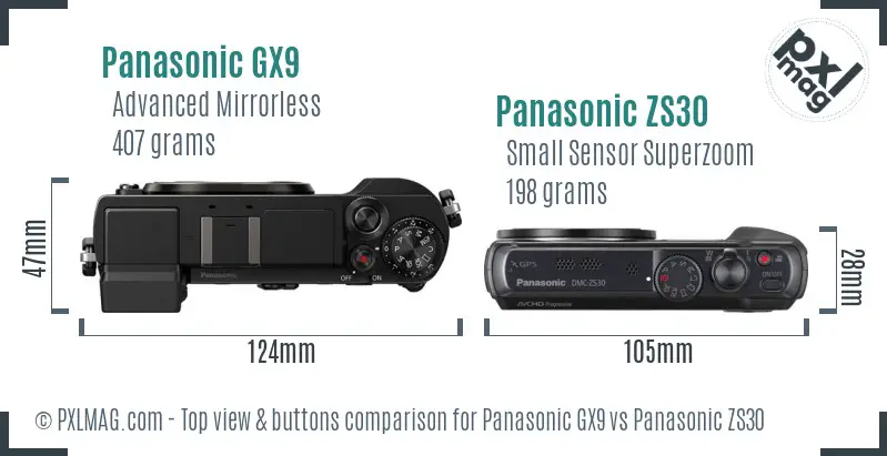 Panasonic GX9 vs Panasonic ZS30 top view buttons comparison
