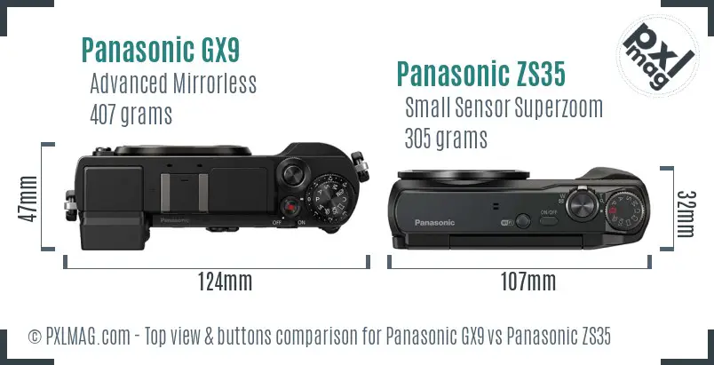 Panasonic GX9 vs Panasonic ZS35 top view buttons comparison