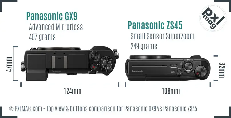 Panasonic GX9 vs Panasonic ZS45 top view buttons comparison