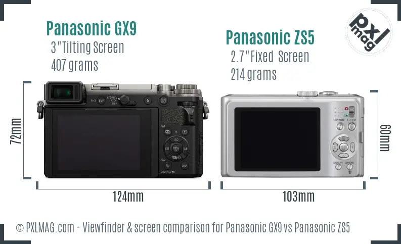 Panasonic GX9 vs Panasonic ZS5 Screen and Viewfinder comparison