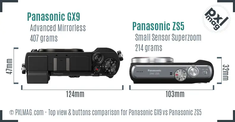 Panasonic GX9 vs Panasonic ZS5 top view buttons comparison
