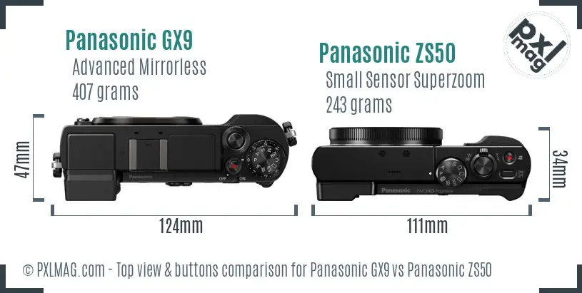 Panasonic GX9 vs Panasonic ZS50 top view buttons comparison
