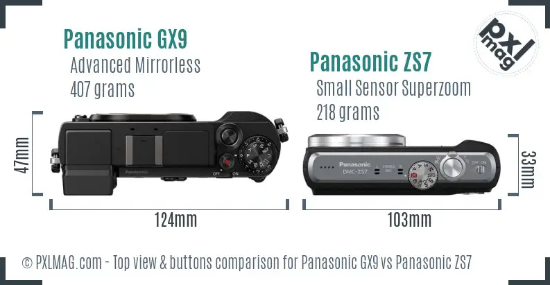 Panasonic GX9 vs Panasonic ZS7 top view buttons comparison