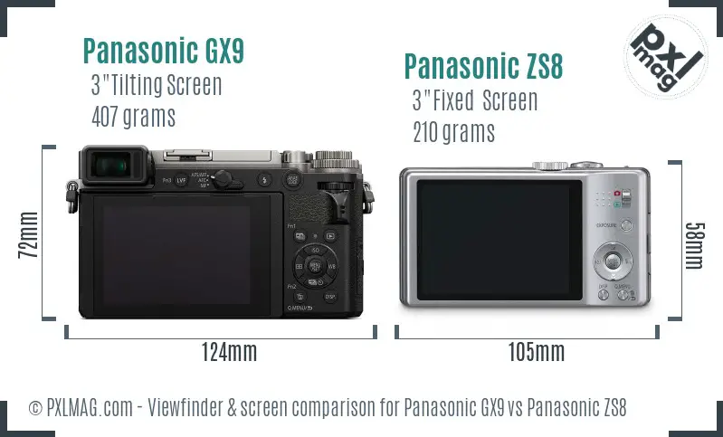 Panasonic GX9 vs Panasonic ZS8 Screen and Viewfinder comparison