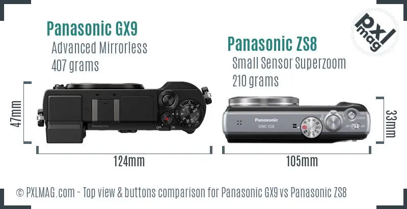 Panasonic GX9 vs Panasonic ZS8 top view buttons comparison