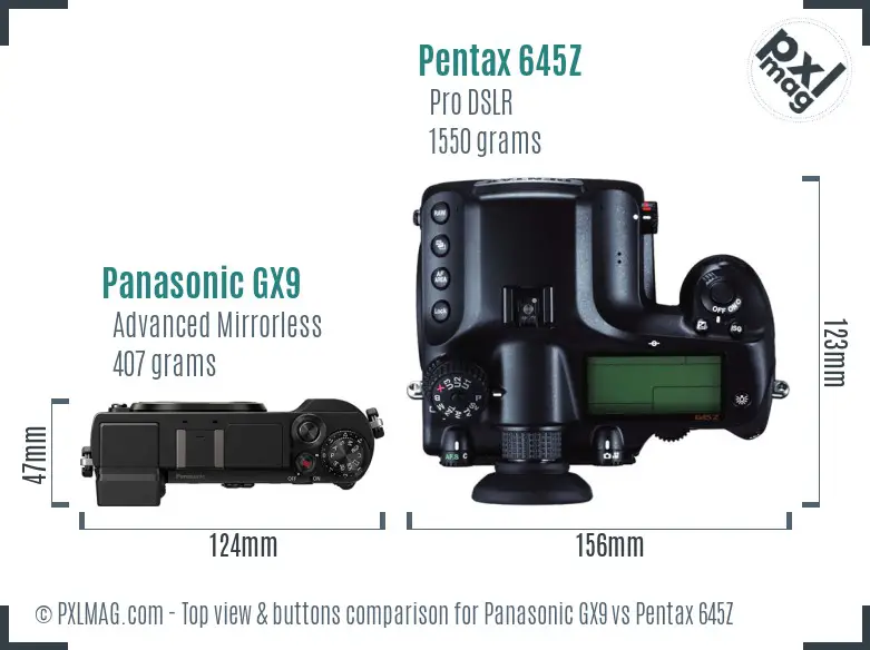 Panasonic GX9 vs Pentax 645Z top view buttons comparison