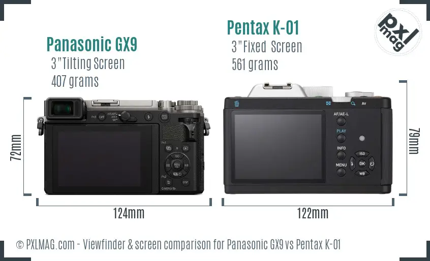 Panasonic GX9 vs Pentax K-01 Screen and Viewfinder comparison