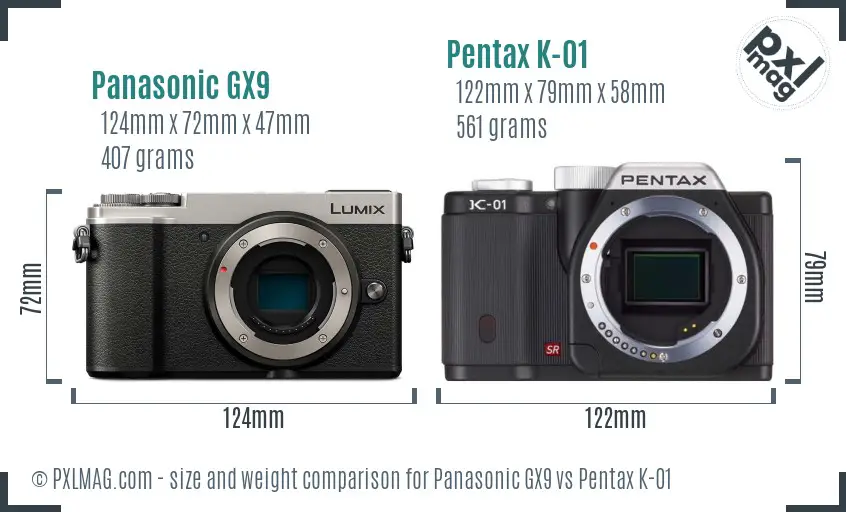 Panasonic GX9 vs Pentax K-01 size comparison