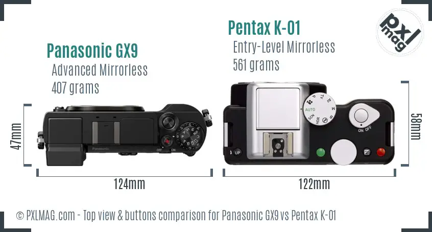 Panasonic GX9 vs Pentax K-01 top view buttons comparison