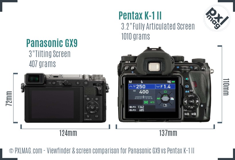 Panasonic GX9 vs Pentax K-1 II Screen and Viewfinder comparison