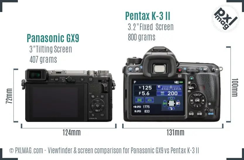 Panasonic GX9 vs Pentax K-3 II Screen and Viewfinder comparison