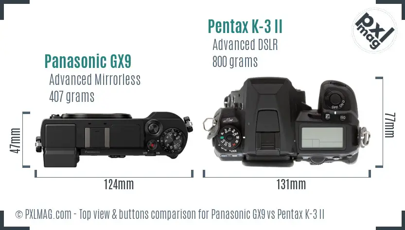Panasonic GX9 vs Pentax K-3 II top view buttons comparison