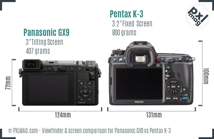 Panasonic GX9 vs Pentax K-3 Screen and Viewfinder comparison