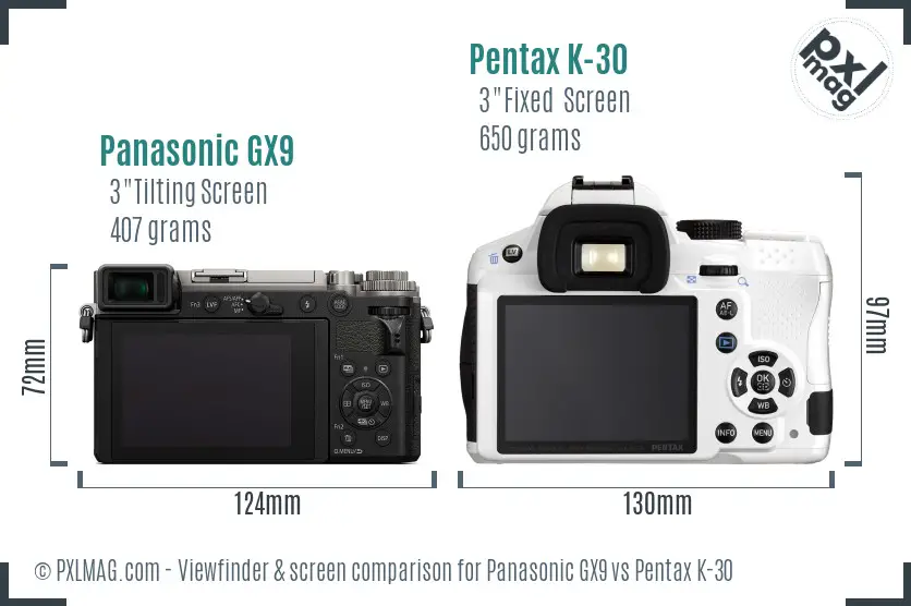Panasonic GX9 vs Pentax K-30 Screen and Viewfinder comparison