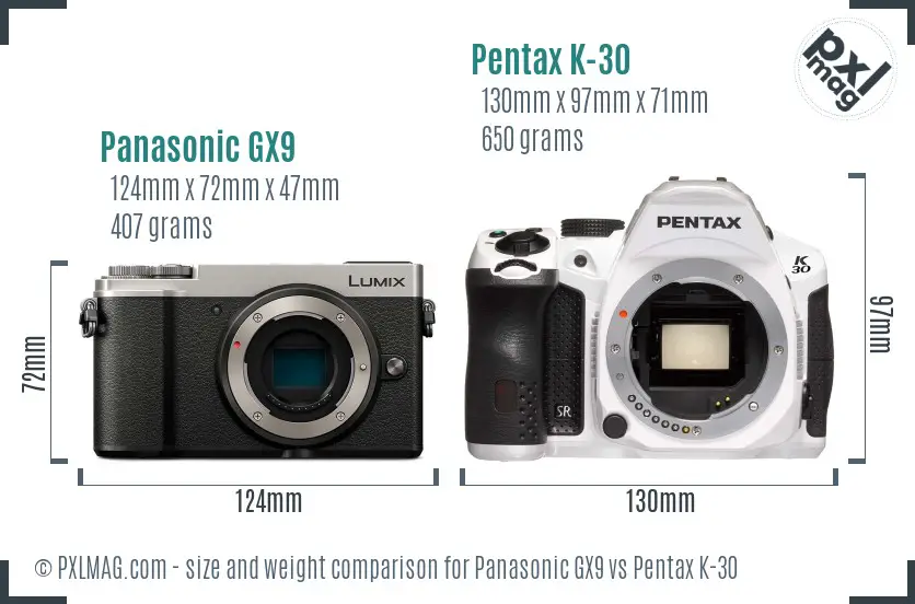 Panasonic GX9 vs Pentax K-30 size comparison