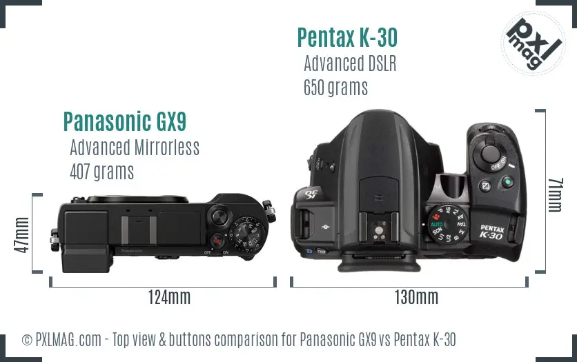 Panasonic GX9 vs Pentax K-30 top view buttons comparison