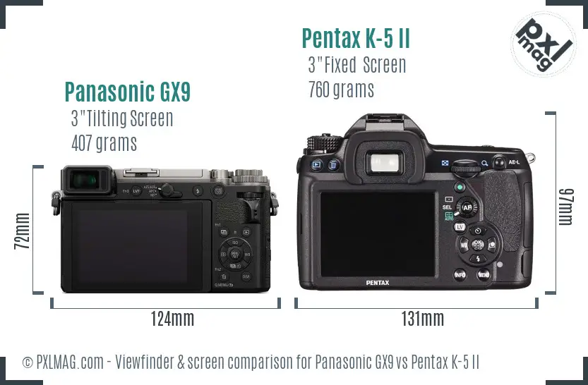 Panasonic GX9 vs Pentax K-5 II Screen and Viewfinder comparison
