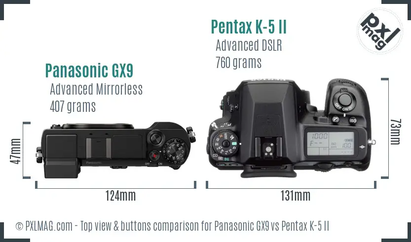 Panasonic GX9 vs Pentax K-5 II top view buttons comparison