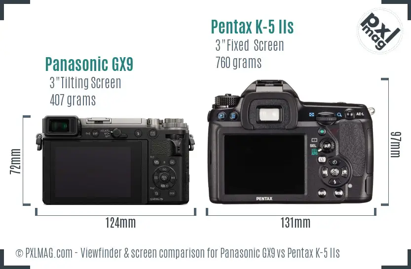 Panasonic GX9 vs Pentax K-5 IIs Screen and Viewfinder comparison