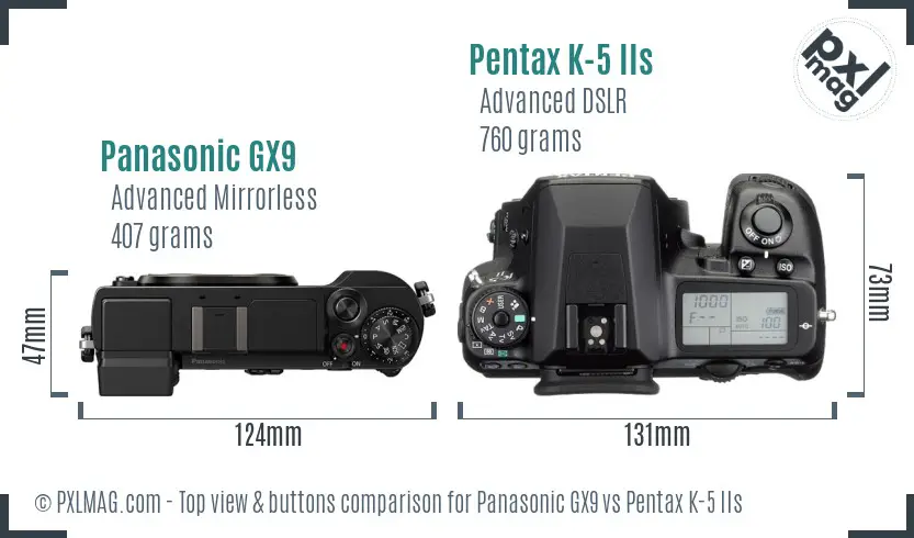 Panasonic GX9 vs Pentax K-5 IIs top view buttons comparison