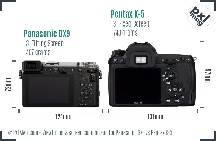 Panasonic GX9 vs Pentax K-5 Screen and Viewfinder comparison
