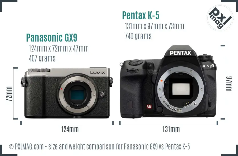 Panasonic GX9 vs Pentax K-5 size comparison