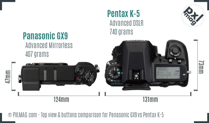 Panasonic GX9 vs Pentax K-5 top view buttons comparison