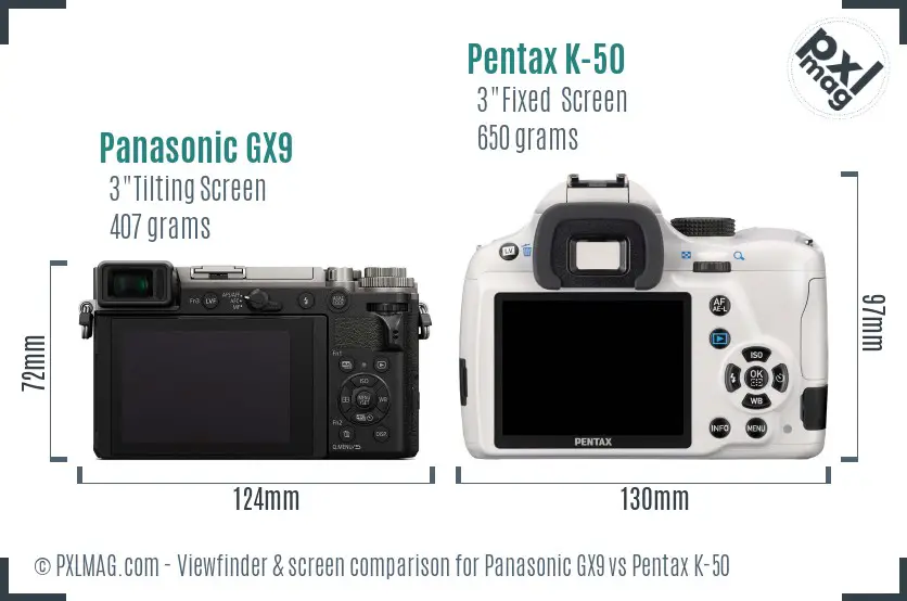 Panasonic GX9 vs Pentax K-50 Screen and Viewfinder comparison