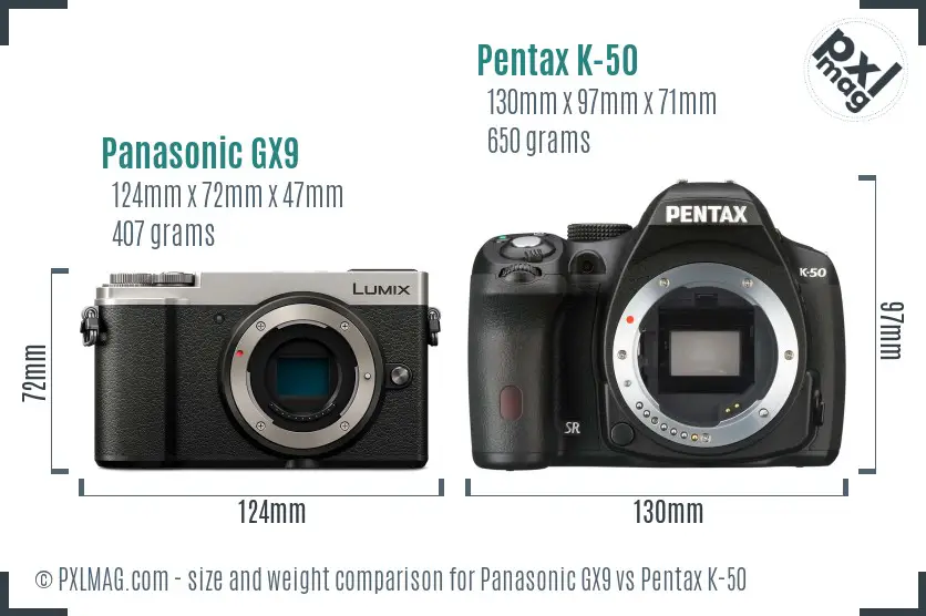 Panasonic GX9 vs Pentax K-50 size comparison